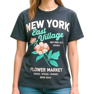 NY East Village Flower Market Graphic Tee Oversized Gray L Juniors